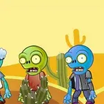 Traja kreslení zombie s rôznymi výrazmi tváre v púštnom prostredí s kaktusmi
