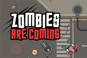 Nápis ZOMBIES ARE COMING na tmavom pozadí s kresleným zombie postavičkou a mestskými prvkami