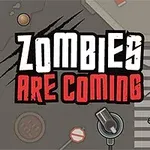 Nápis ZOMBIES ARE COMING na tmavom pozadí s kresleným zombie postavičkou a mestskými prvkami