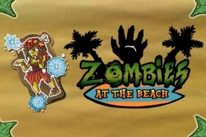 Postava zombíka na pláži vedľa tmavého loga s palmami a nápisom Zombies at the Beach