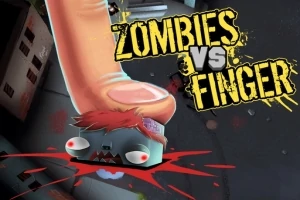 Veľký prst rozmáčajúci kresleného zombieho s krvavými efektmi a nápisom Zombies vs Finger