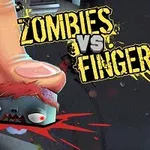 Veľký prst rozmáčajúci kresleného zombieho s krvavými efektmi a nápisom Zombies vs Finger