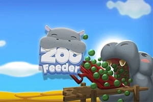 Kreslené hrochy sedia pri plote a jedia zelené guľôčky, zatiaľ čo logo Zoo Feeder je umiestnené v popredí na modrej oblohe s oblakmi