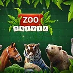 Zvieratá vrátane jeleňa, koňa, tigra, medveďa a tulene sú obklopené listami na zelenom pozadí s nápisom Zoo Trivia
