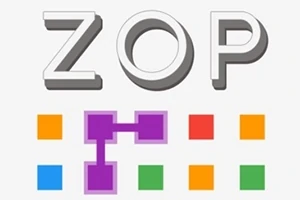 Nápis ZOP nad farebnými štvorcami a prepojenými fialovými tvarmi na bielom pozadí